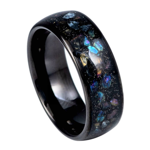 8mm Black Tungsten Galaxy Ring – Crushed Multi-Color Fire Opal Inlay Wedding Band, Domed Polished Men's Ring, Comfort Fit