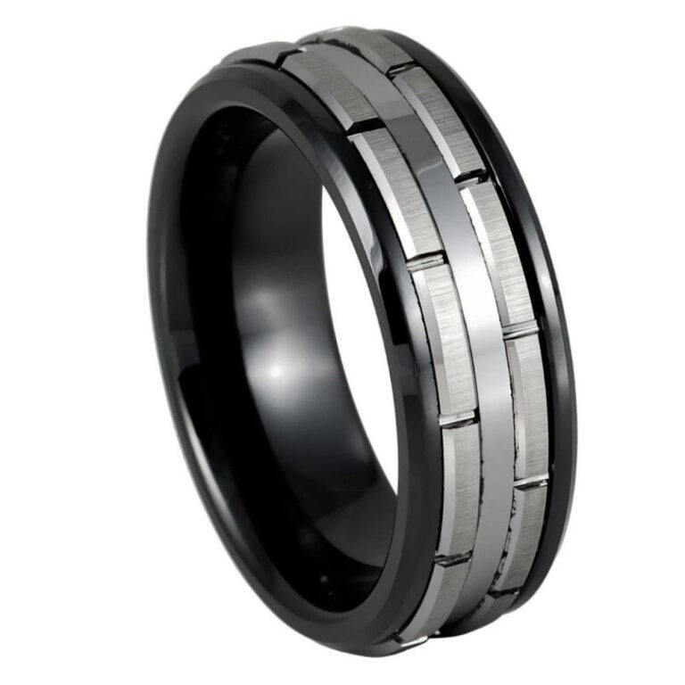 8mm Two-Tone Black Tungsten Wedding Band – Silver Gear Pattern Inlay Men's Ring, Industrial Brushed Finish, Comfort Fit