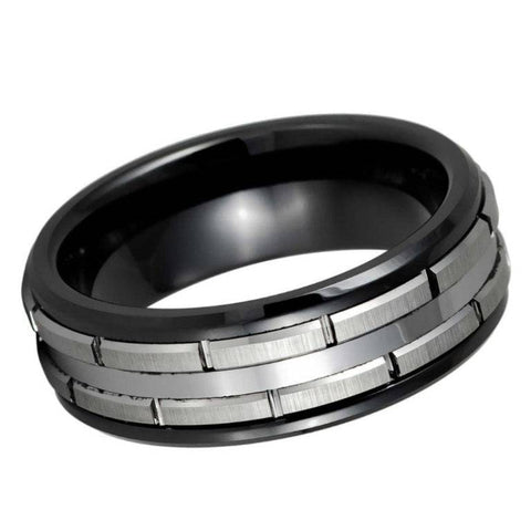 8mm Two-Tone Black Tungsten Wedding Band – Silver Gear Pattern Inlay Men's Ring, Industrial Brushed Finish, Comfort Fit