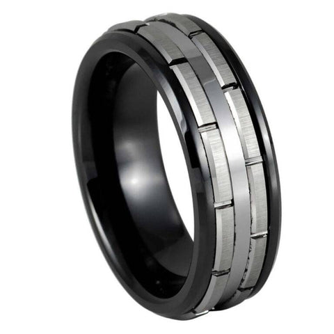 8mm Two-Tone Black Tungsten Wedding Band – Silver Gear Pattern Inlay Men's Ring, Industrial Brushed Finish, Comfort Fit
