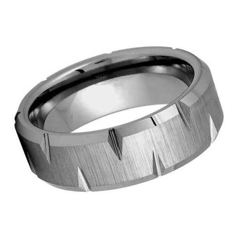 8mm Brushed Silver Tungsten Wedding Band – Alternating Wedge Cut Notched Design, Men's Industrial Matte Ring, Comfort Fit