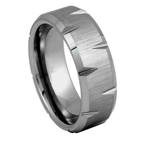 8mm Brushed Silver Tungsten Wedding Band – Alternating Wedge Cut Notched Design, Men's Industrial Matte Ring, Comfort Fit