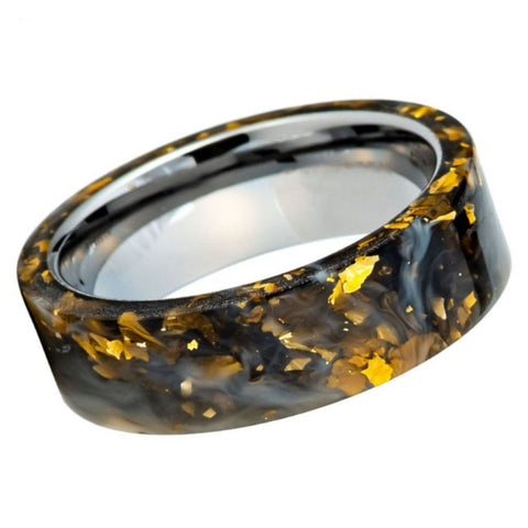 Black Gold Foil Tungsten Ring – 8mm Resin Inlay Men’s Wedding Band, Comfort Fit
