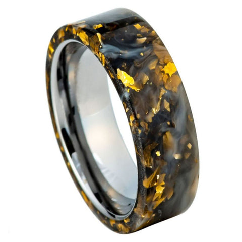 Black Gold Foil Tungsten Ring – 8mm Resin Inlay Men’s Wedding Band, Comfort Fit