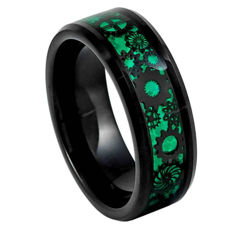 Black Steampunk Gear Tungsten Ring – 8mm Green Carbon Fiber Inlay Men’s Wedding Band, Comfort Fit