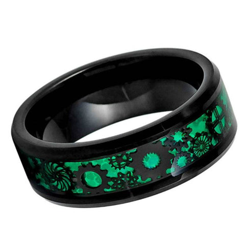 Black Steampunk Gear Tungsten Ring – 8mm Green Carbon Fiber Inlay Men’s Wedding Band, Comfort Fit