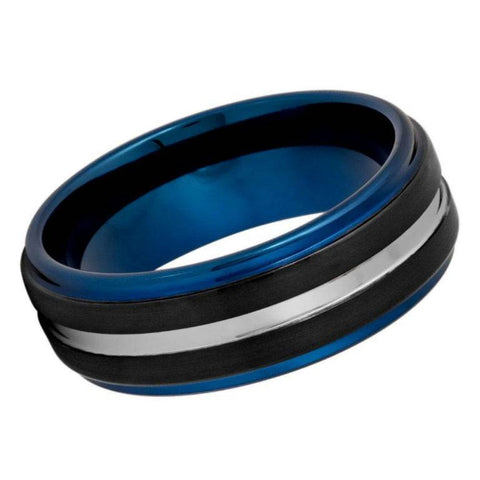 8mm Men's Black and Blue Tungsten Wedding Band with Silver Groove – Comfort Fit