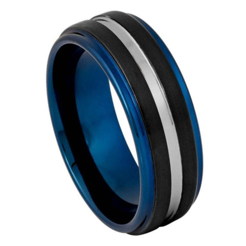 8mm Men's Black and Blue Tungsten Wedding Band with Silver Groove – Comfort Fit