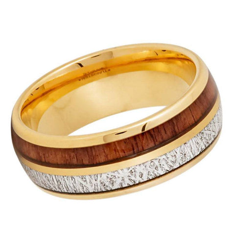 8mm Men's Gold Tungsten Wedding Band with Koa Wood and Meteorite Inlay – Comfort Fit