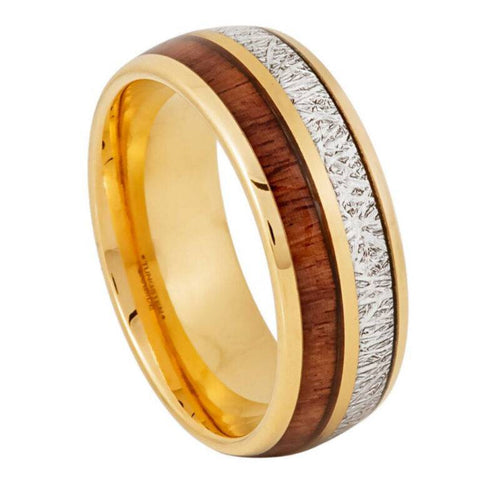 8mm Men's Gold Tungsten Wedding Band with Koa Wood and Meteorite Inlay – Comfort Fit