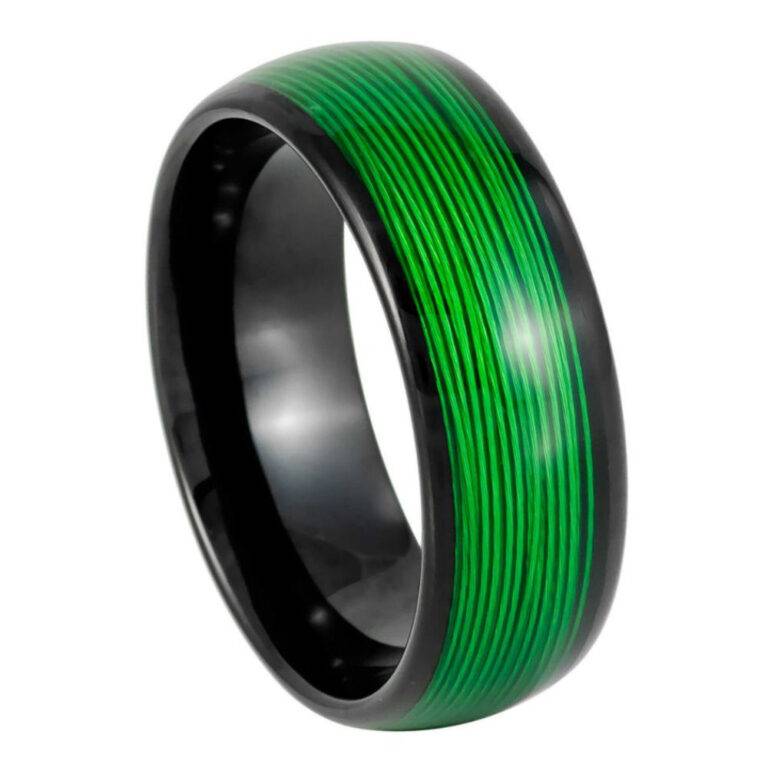 8mm Men's Black Tungsten Wedding Band with Vibrant Green Wire Inlay – Comfort Fit Domed Ring