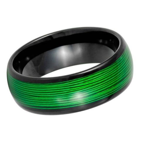 8mm Men's Black Tungsten Wedding Band with Vibrant Green Wire Inlay – Comfort Fit Domed Ring