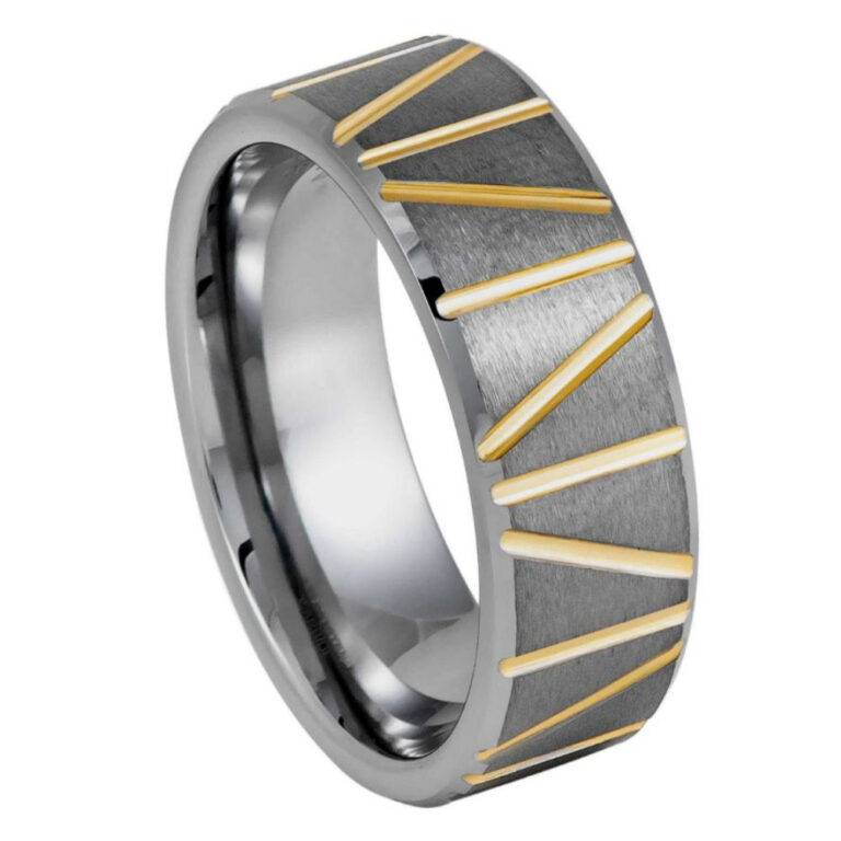 8mm Black Tungsten Wedding Band with Yellow Gold Diagonal Grooves – Men's Comfort Fit Ring