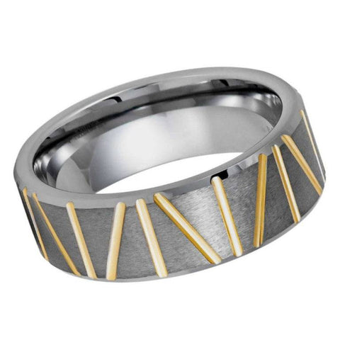 8mm Black Tungsten Wedding Band with Yellow Gold Diagonal Grooves – Men's Comfort Fit Ring
