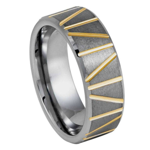 8mm Black Tungsten Wedding Band with Yellow Gold Diagonal Grooves – Men's Comfort Fit Ring