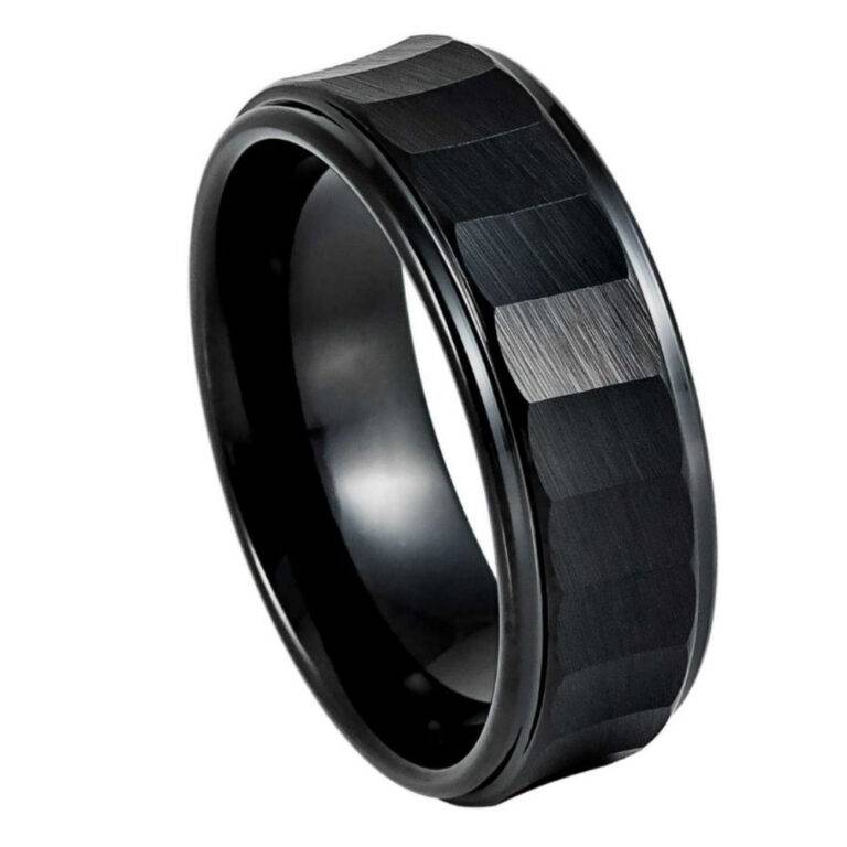 8mm Hammered Black Tungsten Wedding Band – Chiseled Matte Finish Men's Comfort Fit Ring