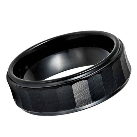 8mm Hammered Black Tungsten Wedding Band – Chiseled Matte Finish Men's Comfort Fit Ring