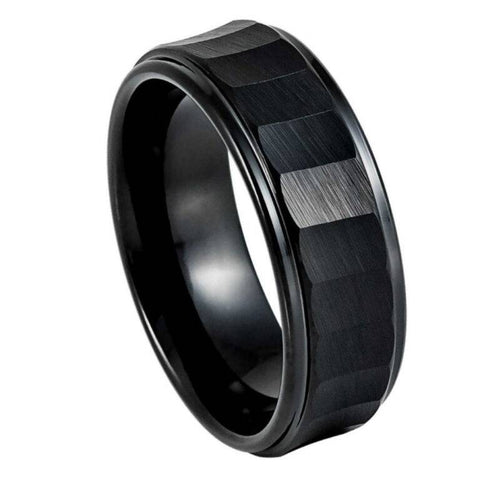 8mm Hammered Black Tungsten Wedding Band – Chiseled Matte Finish Men's Comfort Fit Ring