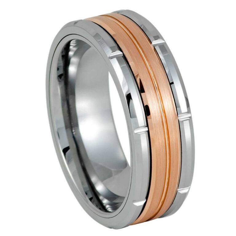 8mm Two-Tone Rose Gold and Silver Tungsten Wedding Band – Notched Edge Men's Comfort Fit Ring