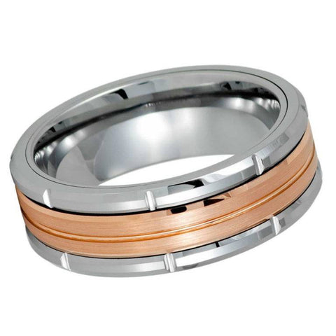8mm Two-Tone Rose Gold and Silver Tungsten Wedding Band – Notched Edge Men's Comfort Fit Ring