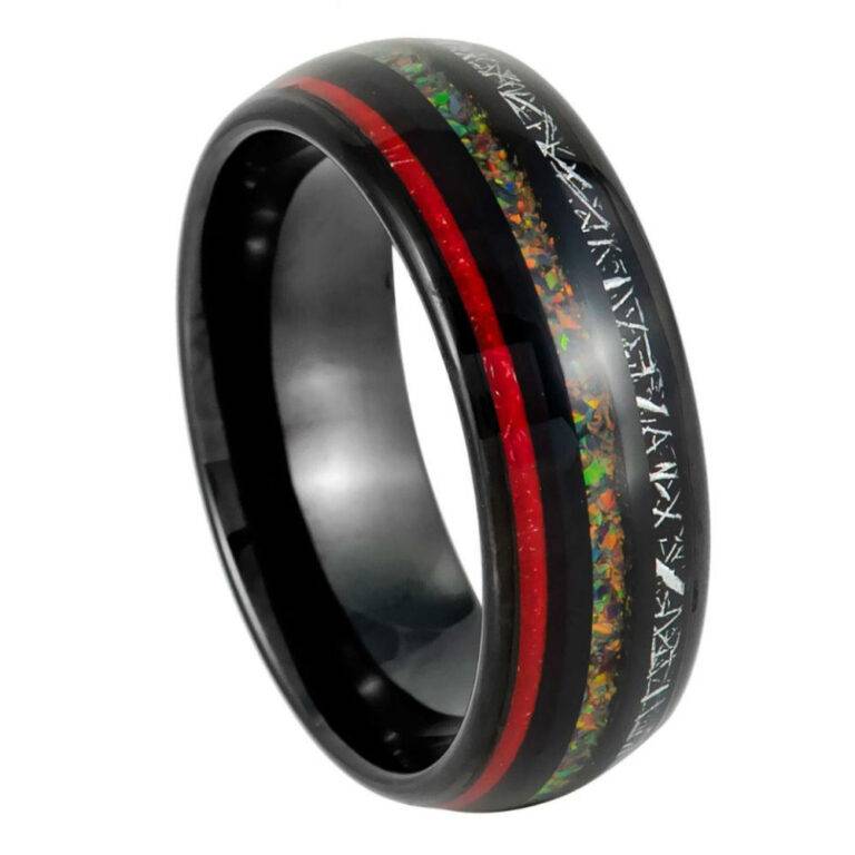 8mm Black Tungsten Wedding Band with Red Galaxy Opal and Crushed Meteorite Inlay – Men’s Comfort Fit