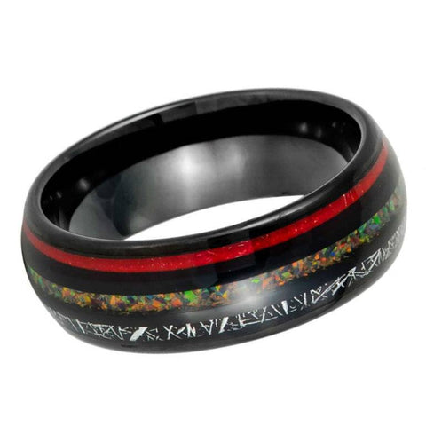 8mm Black Tungsten Wedding Band with Red Galaxy Opal and Crushed Meteorite Inlay – Men’s Comfort Fit