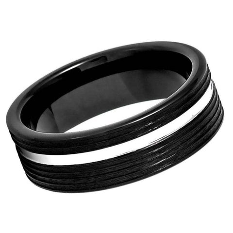 8mm Brushed Black Tungsten Wedding Band with Polished Silver Center Groove – Men's Comfort Fit Ring