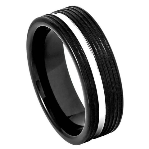 8mm Brushed Black Tungsten Wedding Band with Polished Silver Center Groove – Men's Comfort Fit Ring