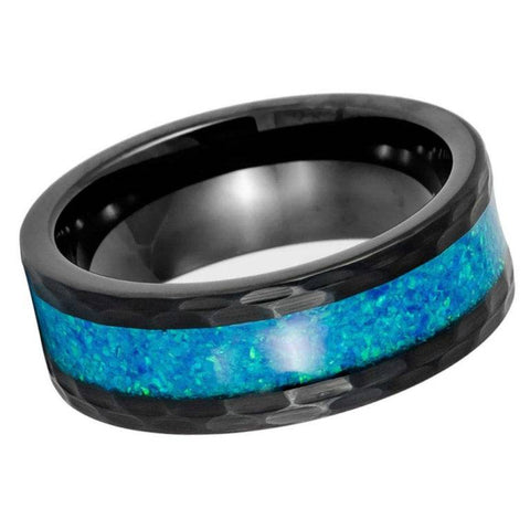 8mm Hammered Black Tungsten Wedding Band with Crushed Blue Opal Inlay – Men's Comfort Fit Ring