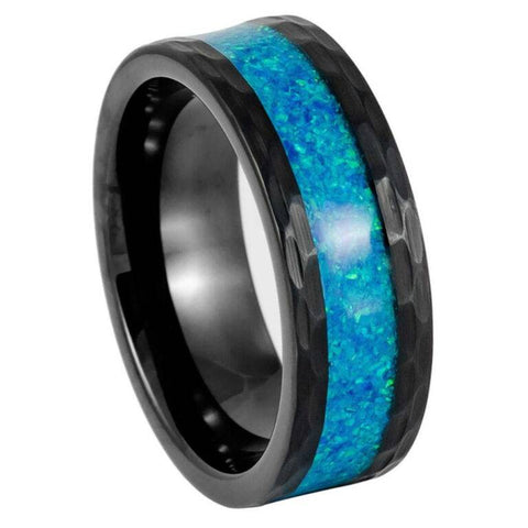 8mm Hammered Black Tungsten Wedding Band with Crushed Blue Opal Inlay – Men's Comfort Fit Ring