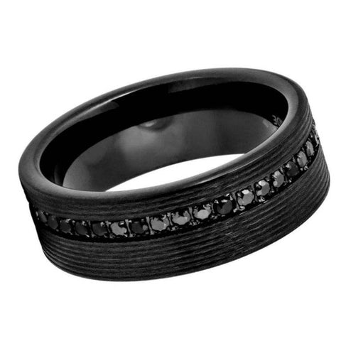 8mm Black Grooved Tungsten Wedding Band with Black CZ Eternity Stones – Comfort Fit Pipe-Cut Ring