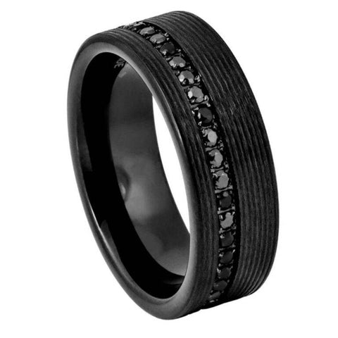 8mm Black Grooved Tungsten Wedding Band with Black CZ Eternity Stones – Comfort Fit Pipe-Cut Ring