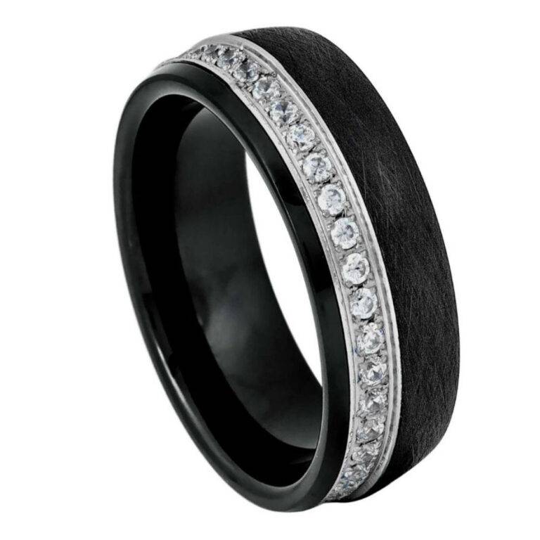 8mm Black Brushed Tungsten Wedding Band with Silver Channel White CZ Eternity Stones – Comfort Fit Men's Ring