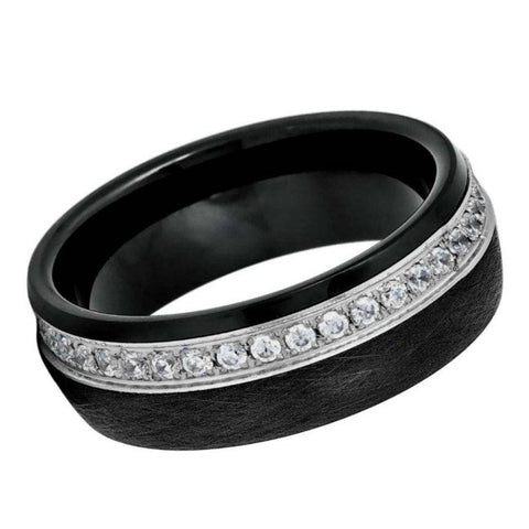 8mm Black Brushed Tungsten Wedding Band with Silver Channel White CZ Eternity Stones – Comfort Fit Men's Ring