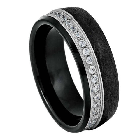 8mm Black Brushed Tungsten Wedding Band with Silver Channel White CZ Eternity Stones – Comfort Fit Men's Ring
