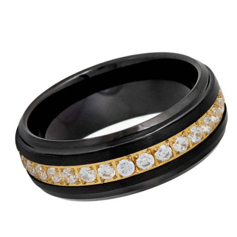 Men's Black Tungsten Wedding Band with Gold Eternity CZ Inlay – 8mm Stepped Edge Comfort Fit Ring