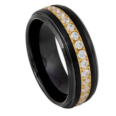 Men's Black Tungsten Wedding Band with Gold Eternity CZ Inlay – 8mm Stepped Edge Comfort Fit Ring