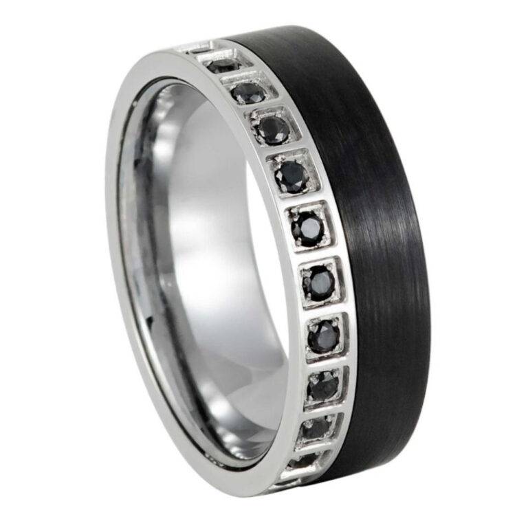 8mm Two-Tone Tungsten Wedding Band with Off-Center Black CZ Eternity Inlay – Brushed Black & Polished Silver Comfort Fit Ring