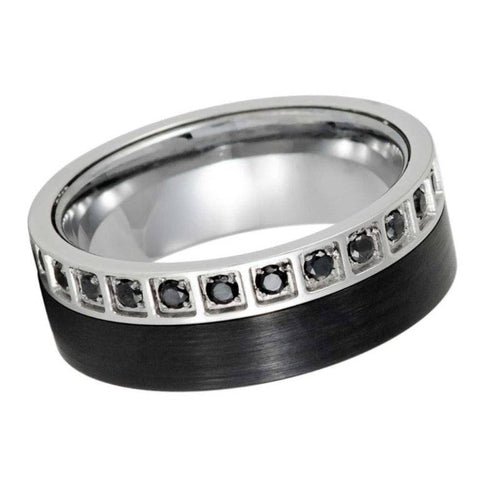 8mm Two-Tone Tungsten Wedding Band with Off-Center Black CZ Eternity Inlay – Brushed Black & Polished Silver Comfort Fit Ring