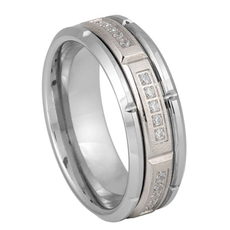 8mm Silver Tungsten Carbide Wedding Band – Sectioned White CZ Channel Set Ring with Comfort Fit