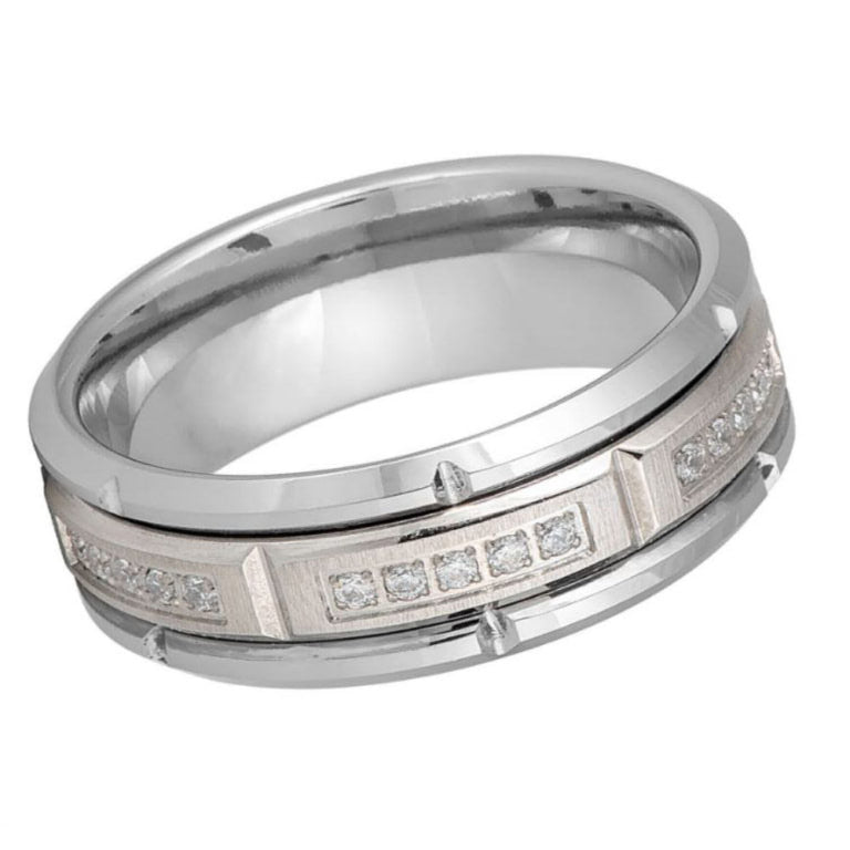 8mm Silver Tungsten Carbide Wedding Band – Sectioned White CZ Channel Set Ring with Comfort Fit