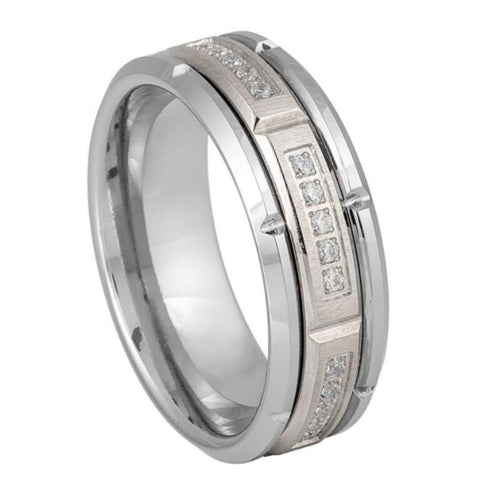 8mm Silver Tungsten Carbide Wedding Band – Sectioned White CZ Channel Set Ring with Comfort Fit