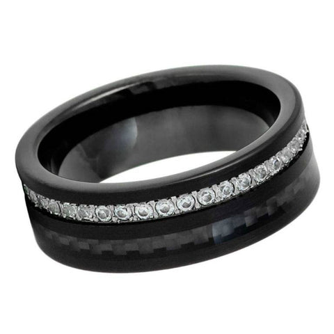8mm Men's Black Tungsten Wedding Band with Carbon Fiber Inlay & Eternity CZ Channel Set