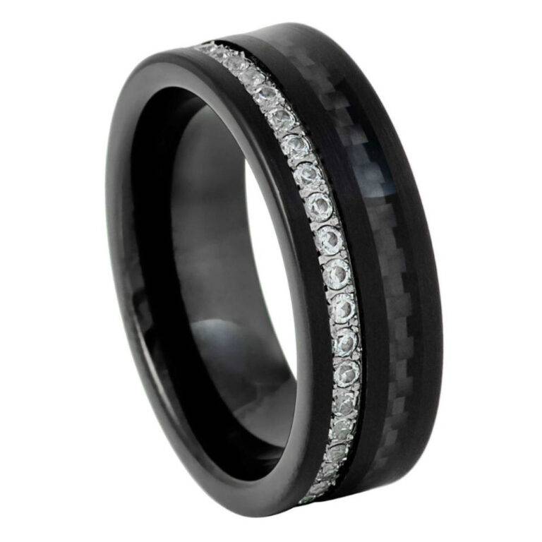 8mm Men's Black Tungsten Wedding Band with Carbon Fiber Inlay & Eternity CZ Channel Set