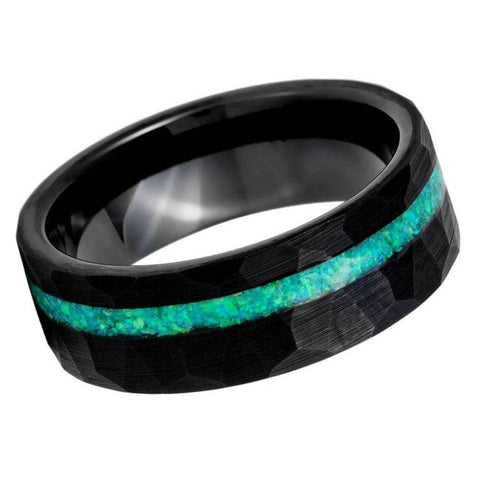 8mm Black Hammered Tungsten Ring with Crushed Green Opal Inlay – Men's Wedding Band