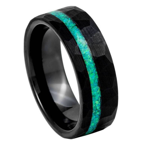 8mm Black Hammered Tungsten Ring with Crushed Green Opal Inlay – Men's Wedding Band