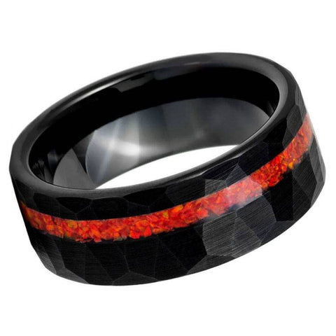 8mm Black Hammered Tungsten Ring with Crushed Red Fire Opal Inlay – Men's Wedding Band
