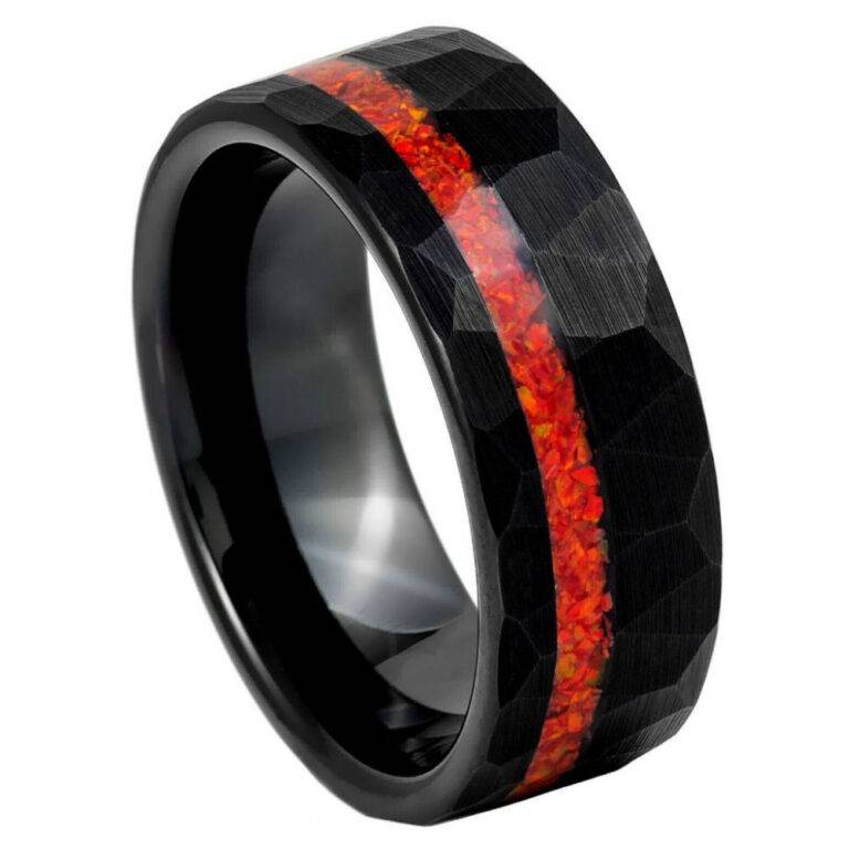 8mm Black Hammered Tungsten Ring with Crushed Red Fire Opal Inlay – Men's Wedding Band