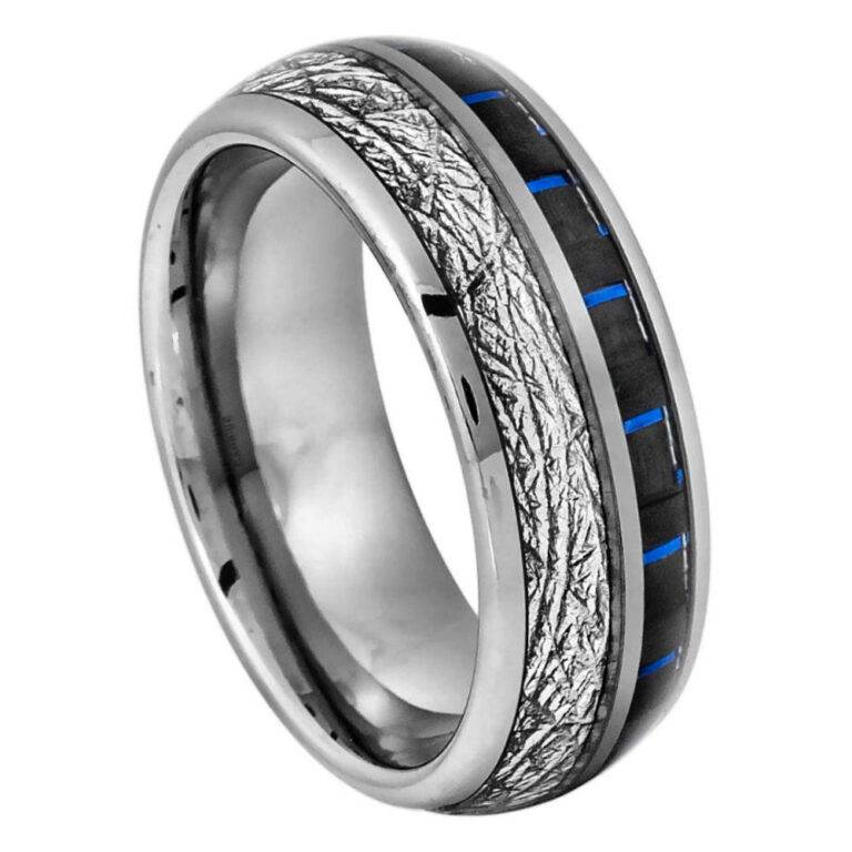 8mm Silver Tungsten Ring with Meteorite & Blue Carbon Fiber Inlay – Men's Wedding Band