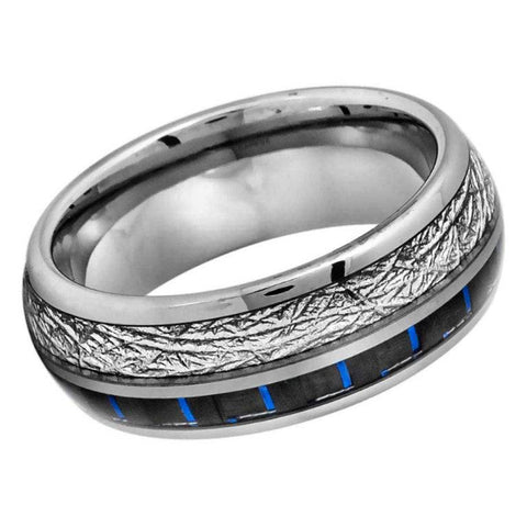 8mm Silver Tungsten Ring with Meteorite & Blue Carbon Fiber Inlay – Men's Wedding Band